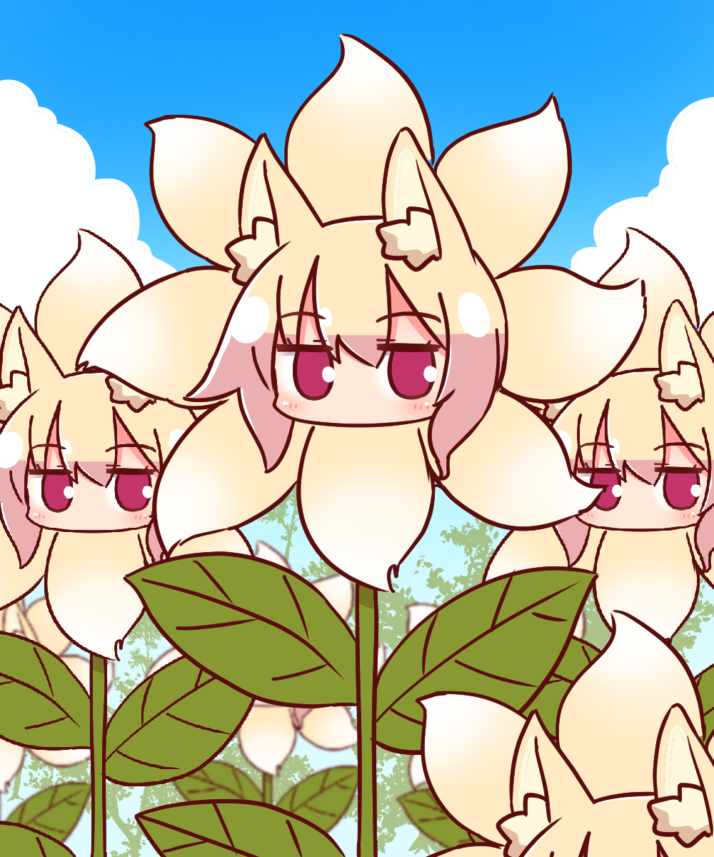 6+girls animal_ear_fluff animal_ears bangs blonde_hair blue_sky blurry blurry_background blush brown_flower clouds day depth_of_field eyebrows_visible_through_hair flower fox_ears fox_tail hair_between_eyes highres kemomimi-chan_(naga_u) long_hair multiple_girls naga_u original outdoors plant red_eyes sidelocks sky tail tree