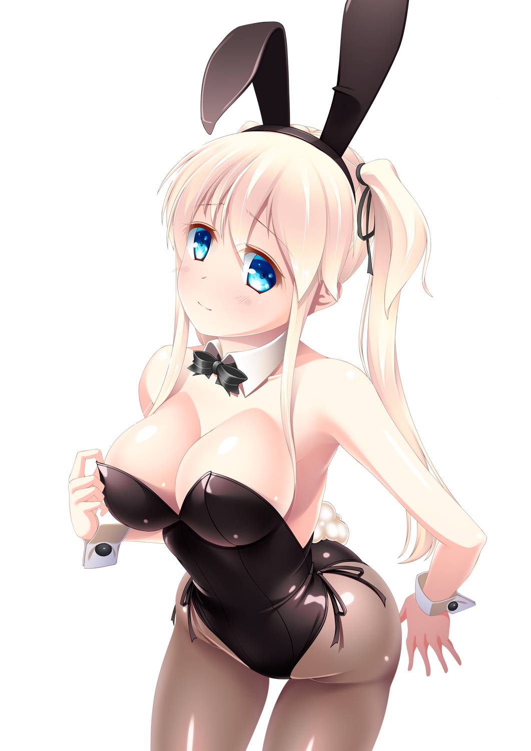 1girl animal_ears black_leotard black_neckwear blue_eyes bow bowtie breasts brown_legwear bunny_girl bunnysuit commentary_request contrapposto cowboy_shot detached_collar highres large_breasts leaning_forward leotard long_hair looking_at_viewer mabinogi nao_(mabinogi) pantyhose rabbit_ears simple_background solo standing strapless strapless_leotard twintails umitsubame white_background wrist_cuffs
