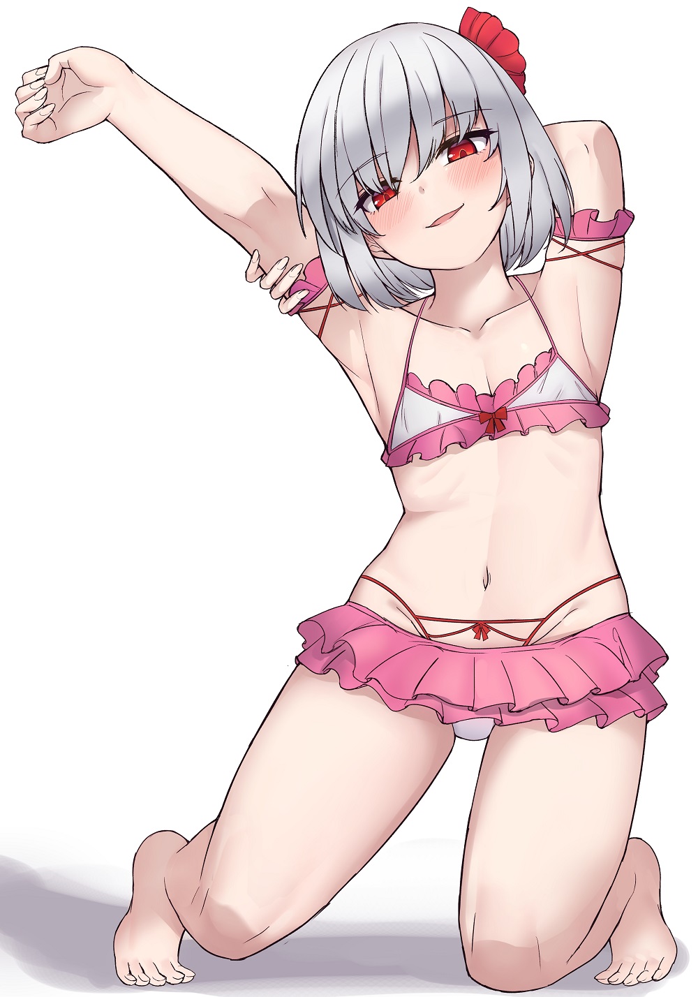1girl armpits arms_up bangs bare_shoulders barefoot bikini blush breasts collarbone fate/grand_order fate_(series) feet frilled_bikini frills hair_between_eyes highres k_jin kama_(fate/grand_order) kneeling looking_at_viewer navel open_mouth pink_bikini red_eyes silver_hair small_breasts smile solo swimsuit thighs