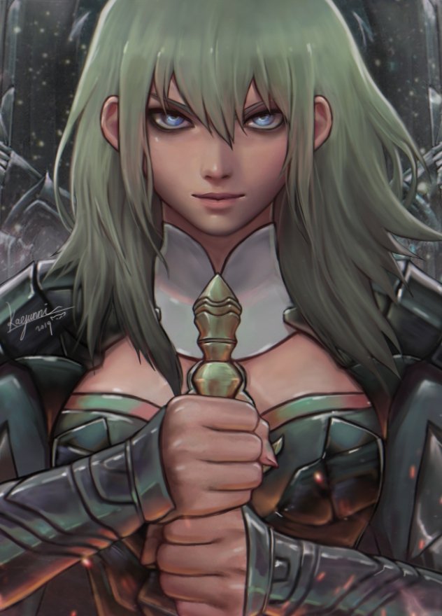 1girl armor blue_eyes byleth_(fire_emblem) byleth_eisner_(female) cape evil_smile fire_emblem fire_emblem:_three_houses green_hair holding holding_sword holding_weapon kaejunni long_hair looking_at_viewer portrait smile snow solo sword upper_body weapon