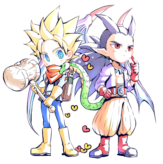 2boys belt black_hair blonde_hair blue_eyes blue_pants boots dragon_quest dragon_quest_builders_2 full_body gloves gunjou_(88588) hammer hand_on_hip heart holding holding_hammer knee_boots long_hair male_builder_(dqb2) male_focus monster_boy multiple_boys orange_pants pants pointy_ears ponytail purple_shirt red_eyes red_footwear red_gloves red_scarf scarf shirt shoes sidoh_(dqb2) simple_background skull_belt snake spiky_hair spoilers standing white_background white_shirt wings yellow_footwear yellow_gloves