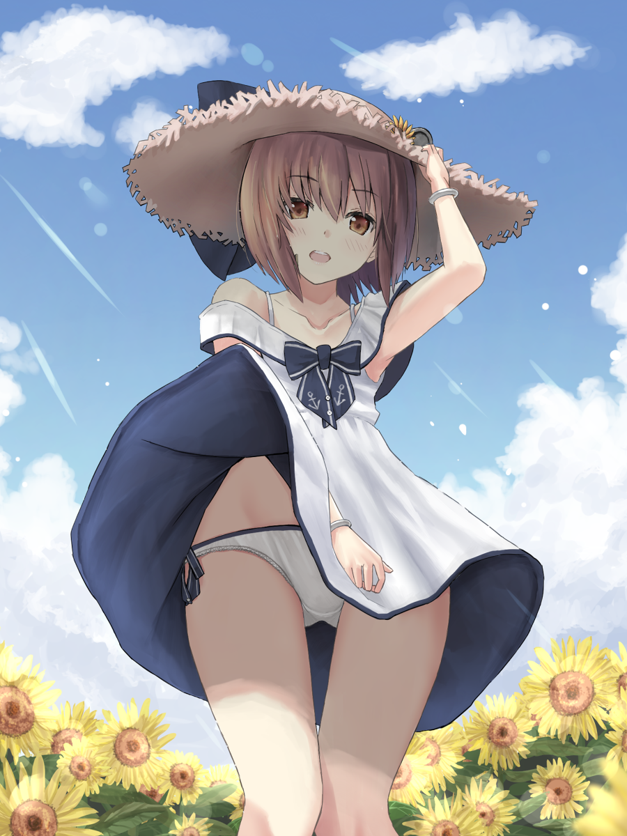 1girl bracelet brown_eyes brown_hair collarbone dress eyebrows_visible_through_hair field flower flower_field highres jewelry kantai_collection open_mouth panties pantyshot pantyshot_(standing) short_hair smile solo standing sunflower underwear white_dress white_panties wind wind_lift yotsuya_(gs) yukikaze_(kantai_collection)