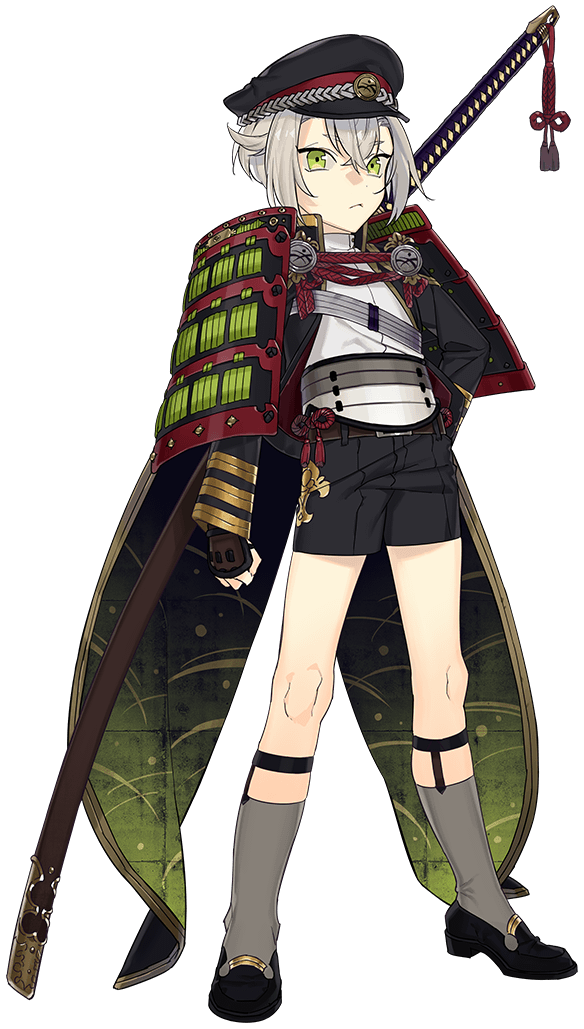 1boy :&lt; armor cape clenched_hand full_body garters green_eyes grey_legwear hat hotarumaru japanese_armor kiwame_(touken_ranbu) male_focus official_art ootachi rururara sheath sheathed shorts shoulder_armor silver_hair sock_garters sode sword touken_ranbu transparent_background weapon