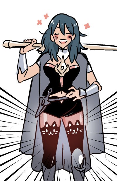 1girl armor blue_hair breasts byleth_(fire_emblem) byleth_eisner_(female) cape cat_lingerie female_my_unit_(fire_emblem:_three_houses) fire_emblem fire_emblem:_three_houses fire_emblem:_three_houses gloves hand_on_hip intelligent_systems koei_tecmo meme_attire mira_ong_chua my_unit_(fire_emblem:_three_houses) navel nintendo simple_background smile solo sword thigh-highs weapon white_background