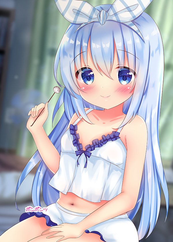 1girl blue_eyes blue_hair blue_pajamas cotton_swab eyebrows_visible_through_hair gochuumon_wa_usagi_desu_ka? hair_between_eyes hair_ornament hair_ribbon kafuu_chino long_hair looking_at_viewer navel pajamas ribbon rikatan slapping smile solo