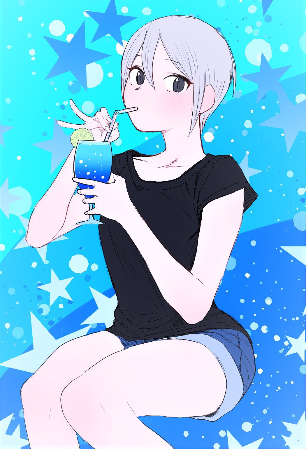 1girl black_shirt collarbone cup drink drinking drinking_glass drinking_straw eyebrows_visible_through_hair food fruit grey_hair haiokumantan_c highres idolmaster idolmaster_cinderella_girls lemon lemon_slice shiomi_shuuko shirt short_hair shorts sitting soda