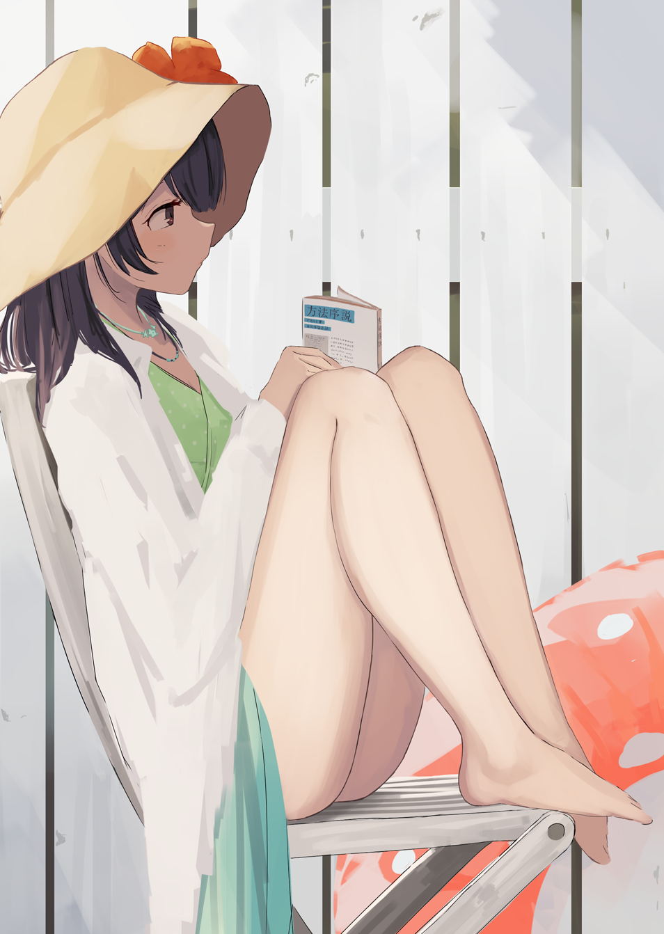 1girl bangs bare_legs barefoot blush book brown_eyes brown_hair brown_headwear chair commentary_request doran_(dorannomai) fence hair_between_eyes hand_up hat highres holding holding_book idolmaster idolmaster_shiny_colors innertube jacket jewelry knees_up long_hair long_sleeves looking_away morino_rinze necklace on_chair open_clothes open_jacket profile sitting solo sun_hat white_jacket