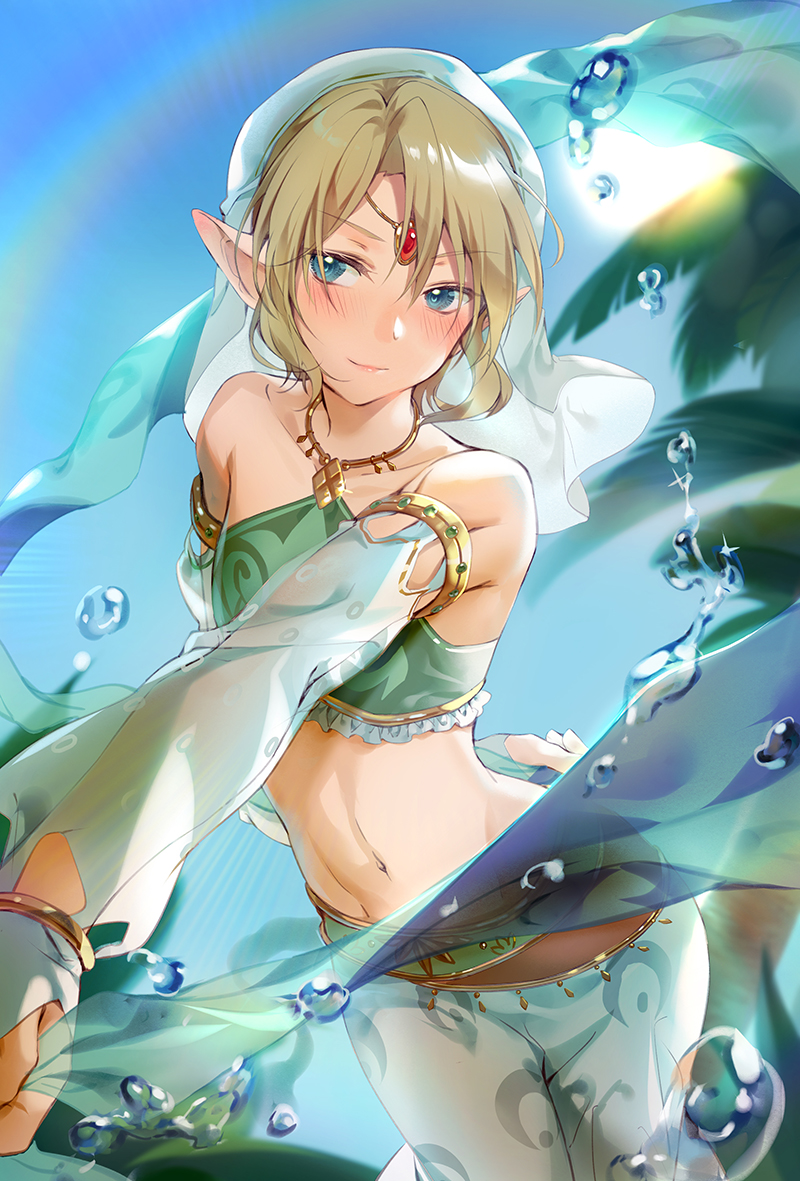 1boy alternate_costume arabian_clothes arm_behind_back armlet bandeau bangs bare_shoulders blonde_hair blue_eyes blue_sky blurry blush circlet closed_mouth collarbone crossdressinging day depth_of_field detached_sleeves eyebrows_visible_through_hair gem gerudo_link glint green_pants halterneck harem_pants hmniao jewelry link looking_at_viewer male_focus midriff navel otoko_no_ko outdoors outstretched_arm palm_tree pants parted_bangs pointy_ears rainbow shiny shiny_hair sidelocks sky smile solo standing stomach sun sunlight the_legend_of_zelda the_legend_of_zelda:_breath_of_the_wild tree veil water_drop