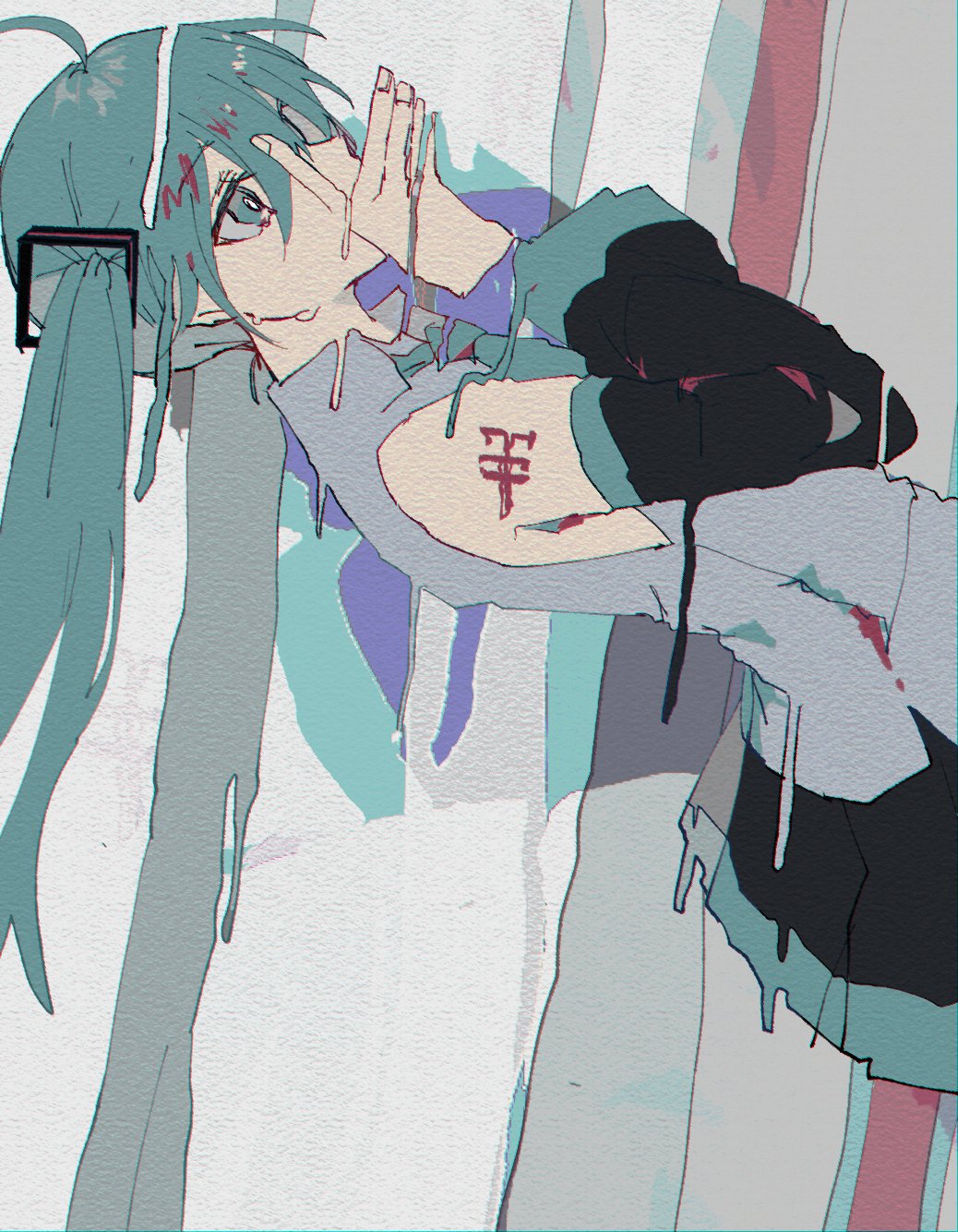 1girl abstract bare_shoulders black_skirt blue_eyes blue_hair commentary_request covering covering_mouth danjou_sora detached_sleeves dripping empty_eyes expressionless eyebrows_visible_through_hair finger_to_mouth fingernails grey_background grey_shirt hair_between_eyes hands_together hatsune_miku highres leaning leaning_back long_hair looking_away number number_tattoo pleated_skirt profile shirt shoulder_tattoo simple_background skirt sleeveless sleeveless_shirt solo straight_hair striped striped_background tattoo twintails vocaloid