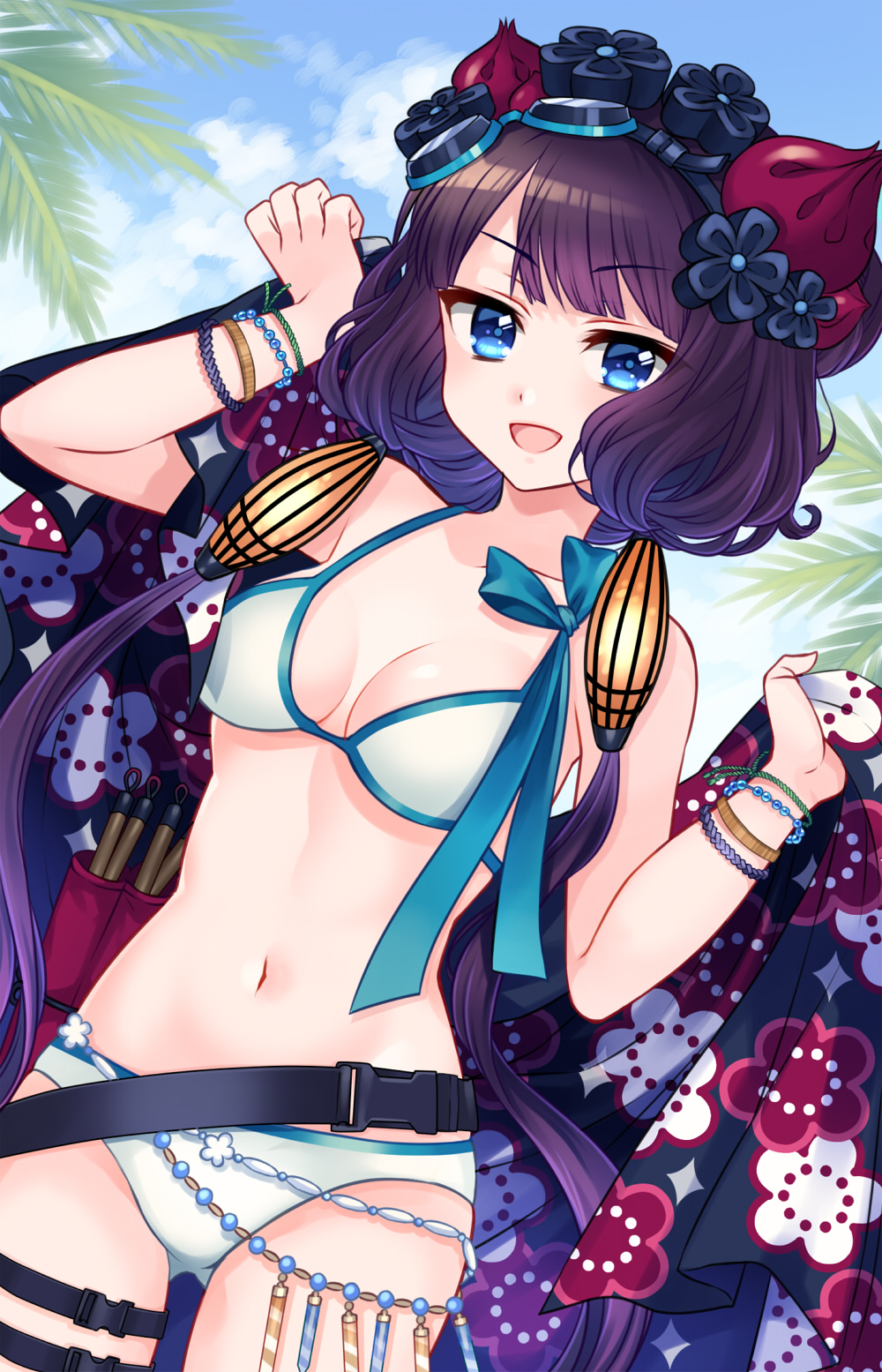 1girl :d bead_bracelet beads belt bikini blue_eyes blue_sky bracelet breasts clouds commentary_request day eyebrows_visible_through_hair fate/grand_order fate_(series) goggles goggles_on_head hair_ornament highres jewelry katsushika_hokusai_(fate/grand_order) katsushika_hokusai_(swimsuit_saber)_(fate) long_hair looking_at_viewer medium_breasts n-mix open_mouth outdoors purple_hair sky smile solo swimsuit white_bikini