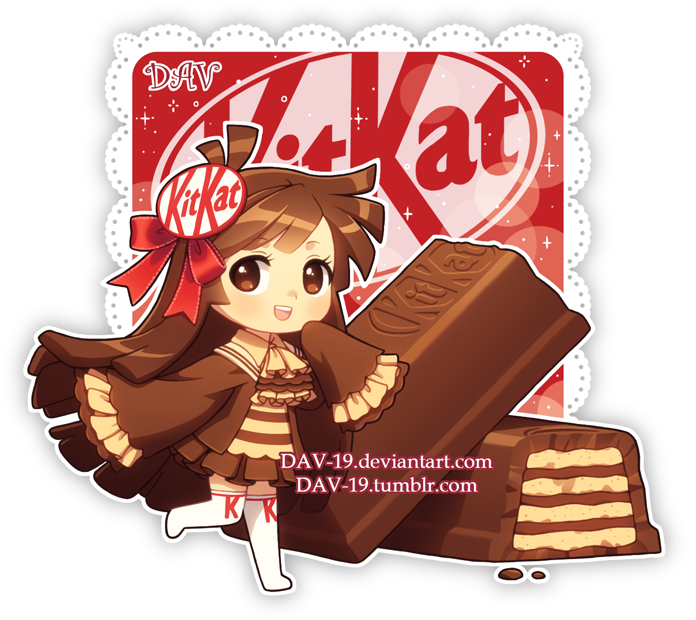 1girl :d artist_name bangs blush bow brown_dress brown_eyes brown_hair chibi chocolate commentary dav-19 dress eyebrows_visible_through_hair food hair_bow hair_ornament hershey's kitkat long_hair long_sleeves looking_at_viewer no_shoes open_mouth original personification red_bow sleeves_past_fingers sleeves_past_wrists smile solo standing standing_on_one_leg thigh-highs transparent_background upper_teeth very_long_hair watermark web_address white_legwear wide_sleeves