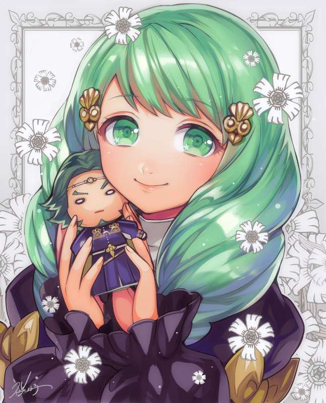 1girl artist_name beard character_doll circlet drill_hair facial_hair fire_emblem fire_emblem:_three_houses flayn_(fire_emblem) flower green_eyes green_hair hair_ornament hairclip long_hair looking_at_viewer matsurika_youko seteth_(fire_emblem) solo upper_body