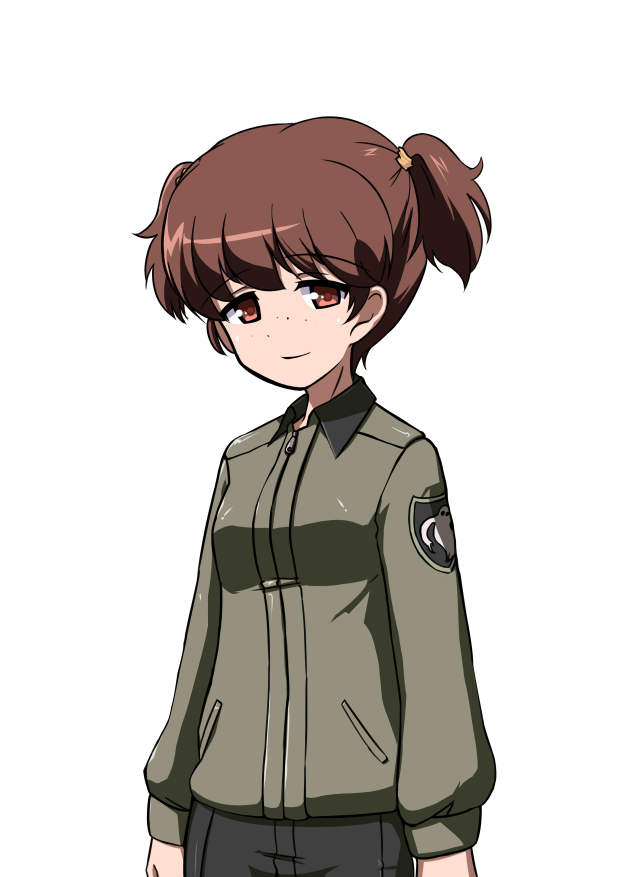 1girl aegis_(nerocc) alisa_(girls_und_panzer) alternate_emblem bangs black_shorts brown_eyes brown_hair brown_jacket closed_mouth commentary_request cowboy_shot emblem eyes freckles girls_und_panzer hair_tie half-closed_eyes jacket long_sleeves looking_at_viewer military military_uniform no_hair_ornament saunders_military_uniform short_hair short_twintails shorts smile solo standing transparent_background twintails uniform