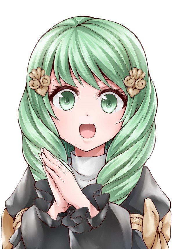 1girl fire_emblem fire_emblem:_three_houses flayn_(fire_emblem) green_eyes green_hair hair_ornament long_hair long_sleeves open_mouth own_hands_together simple_background solo tenchan_man uniform upper_body white_background