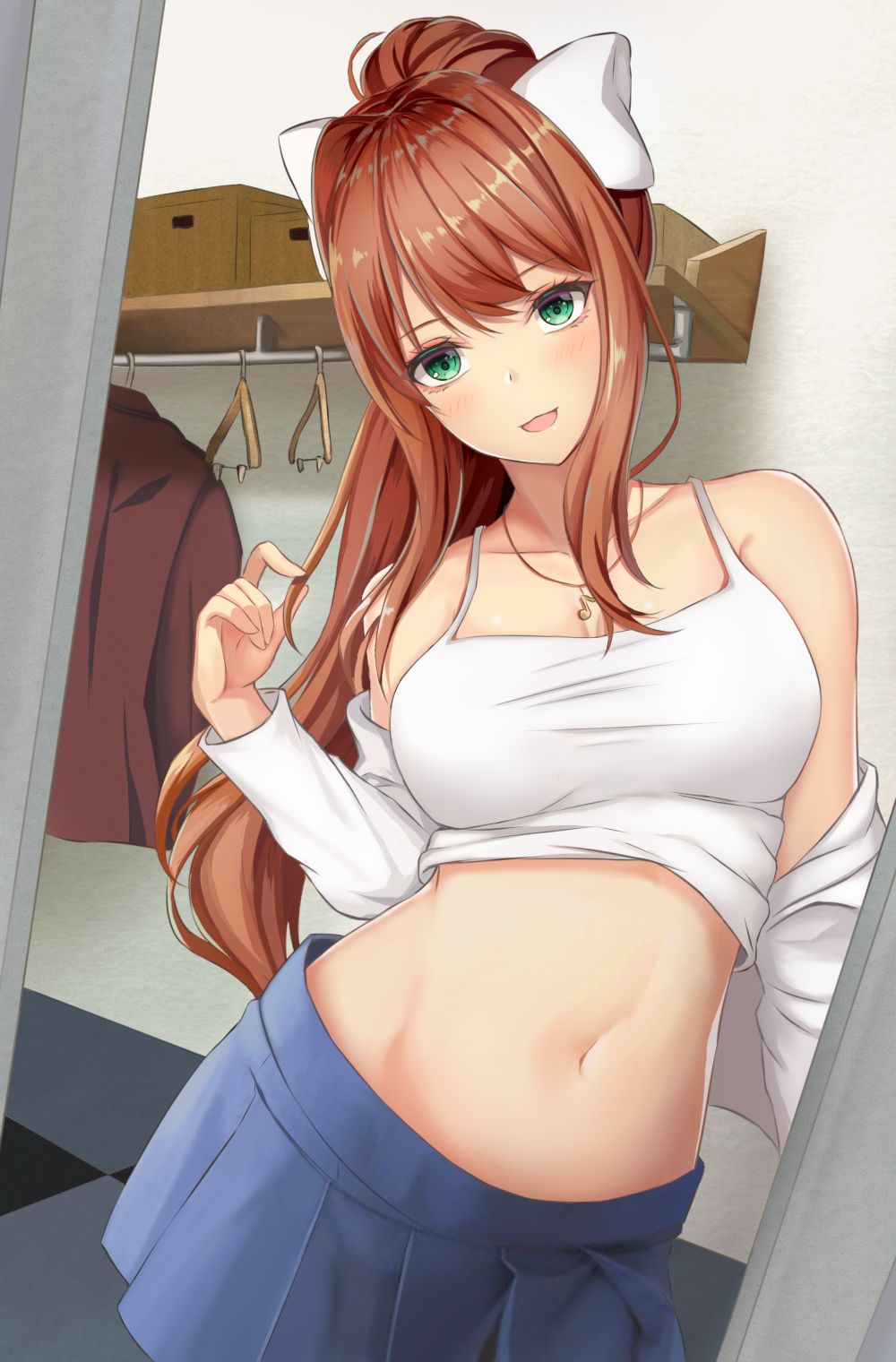 1girl :d blue_skirt blush bow breasts brown_hair closet clothes_hanger collarbone commentary doki_doki_literature_club green_eyes hair_bow head_tilt highres large_breasts long_hair looking_at_viewer midriff monika_(doki_doki_literature_club) musical_note_necklace navel nurumaru_yu open_mouth pleated_skirt shirt skirt smile solo undershirt undressing white_bow white_shirt
