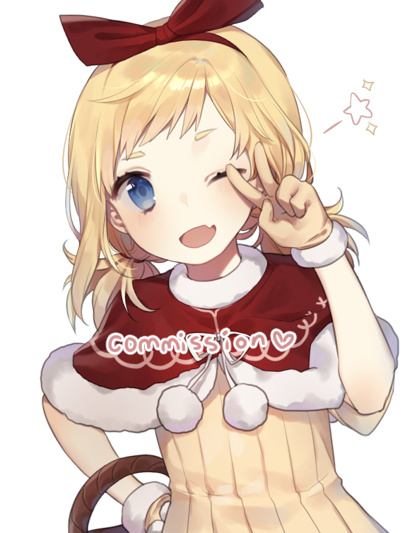 1girl ;d bangs blonde_hair blue_eyes blush brown_dress brown_gloves capelet commission dress fang fur-trimmed_capelet fur_trim gloves hair_ribbon hand_on_hip hand_up long_hair low_twintails moffle_(ayabi) one_eye_closed open_mouth original pom_pom_(clothes) red_capelet red_ribbon ribbed_dress ribbon short_sleeves simple_background smile solo star twintails upper_body v watermark white_background