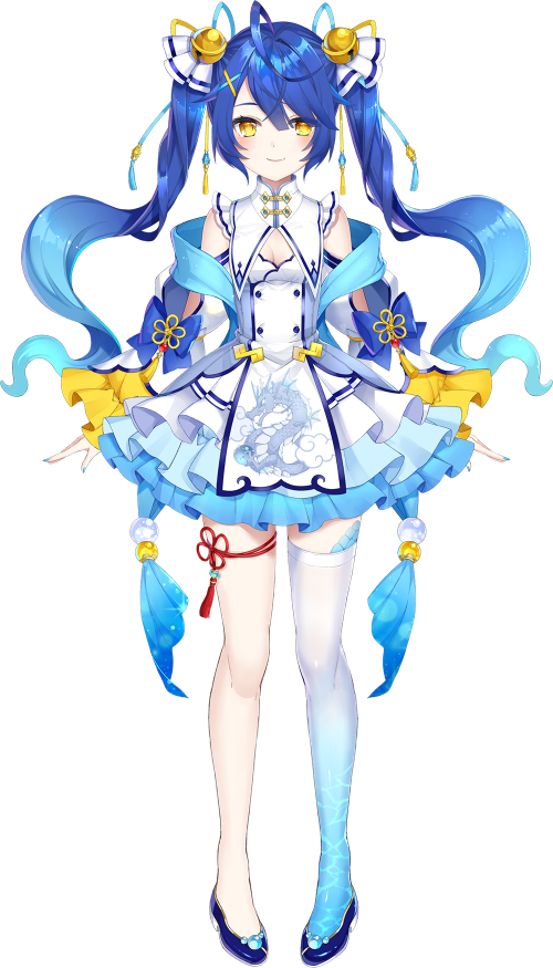 1girl amamiya_kokoro bell blue_bow blue_footwear blue_hair blue_legwear blue_nails blue_skirt blush bow closed_mouth detached_sleeves dress frilled_skirt frilled_sleeves frills full_body gradient gradient_legwear hair_bell hair_bow hair_ornament jingle_bell long_sleeves looking_at_viewer multicolored multicolored_clothes multicolored_legwear nail_polish nijisanji official_art ribbon shawl shiori_(xxxsi) shoulder_cutout single_thighhigh skirt smile solo standing tachi-e thigh-highs thigh_ribbon transparent_background twintails virtual_youtuber white_bow white_dress yellow_eyes