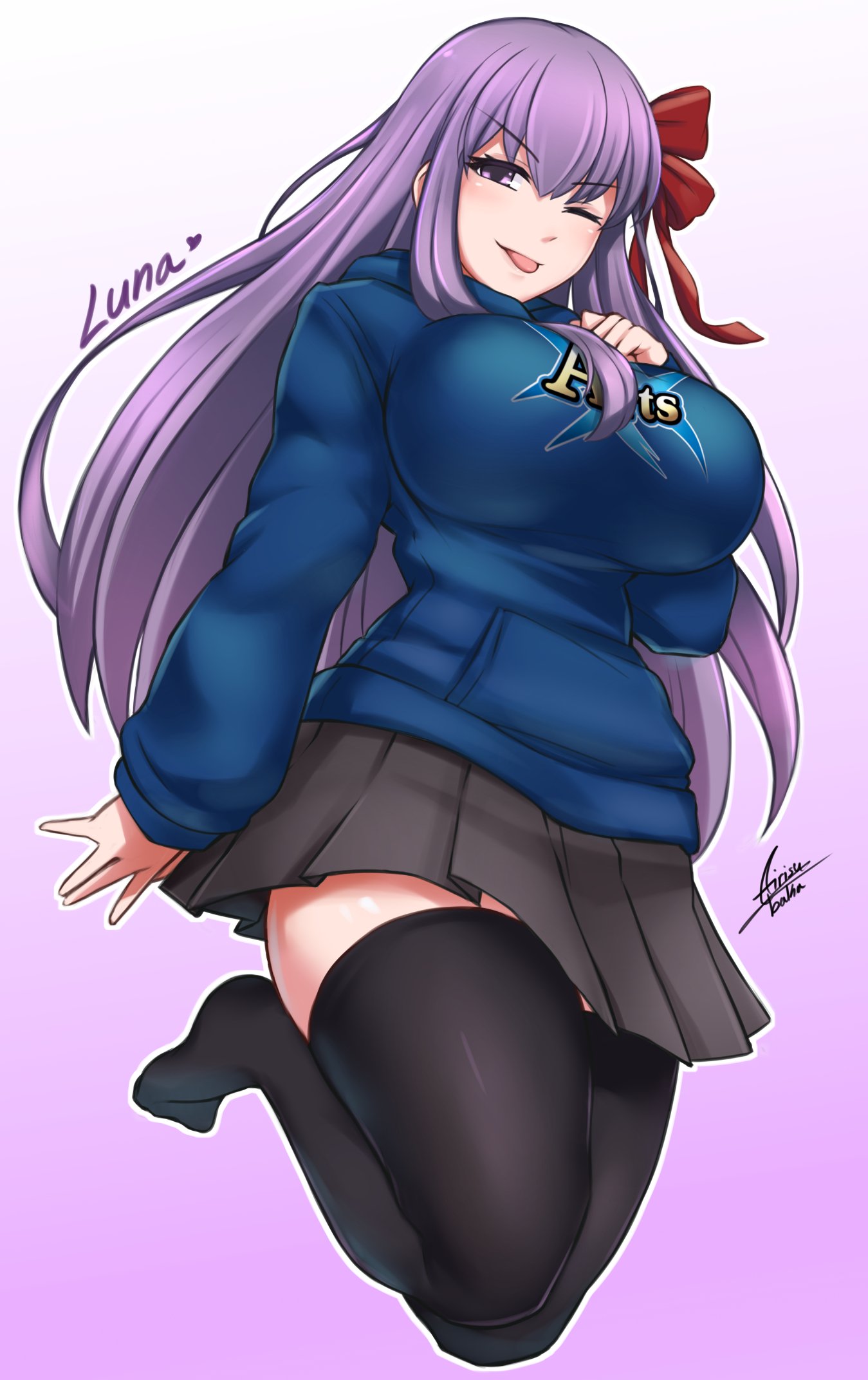 1girl airisubaka alternate_costume artist_name bangs bb_(fate)_(all) black_legwear black_skirt blue_hoodie breasts commentary eyebrows_visible_through_hair fate/grand_order fate_(series) hair_between_eyes hair_ribbon half-closed_eye highres hood hoodie huge_breasts large_breasts long_hair long_sleeves looking_at_viewer no_shoes purple_hair red_ribbon ribbon skirt smile solo thigh-highs tongue tongue_out very_long_hair violet_eyes