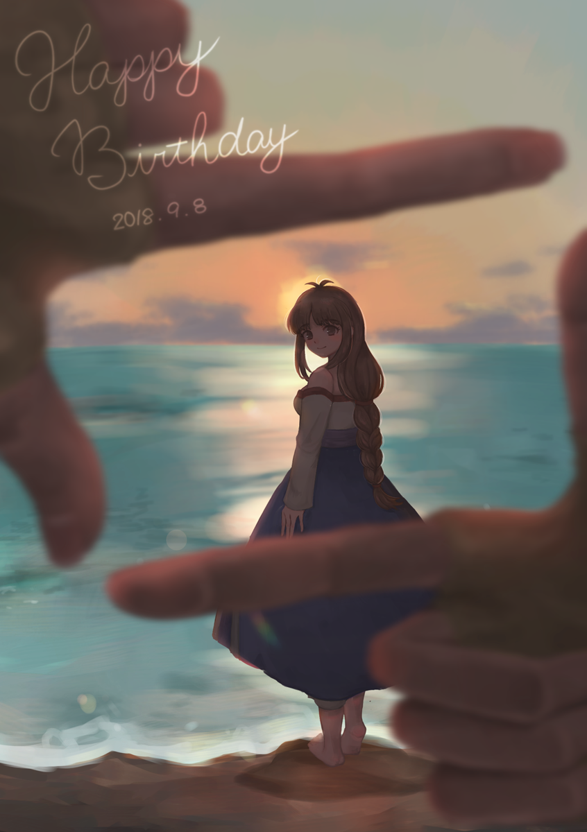 arc_the_lad arc_the_lad_ii braid brown_eyes closed_mouth clouds commentary_request dress hands highres lieza long_hair looking_back low-tied_long_hair namerow_chang ocean single_braid smile sunset