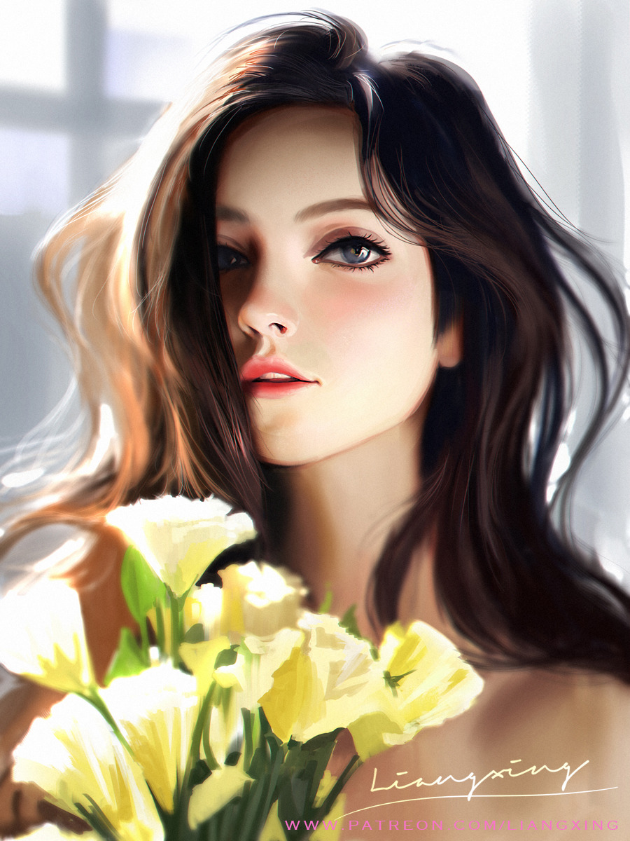 1girl bare_shoulders blue_eyes blurry blurry_background blurry_foreground brown_hair english_commentary face flower hair_over_one_eye highres liang_xing lips long_hair looking_at_viewer original parted_lips patreon_username realistic signature solo watermark web_address