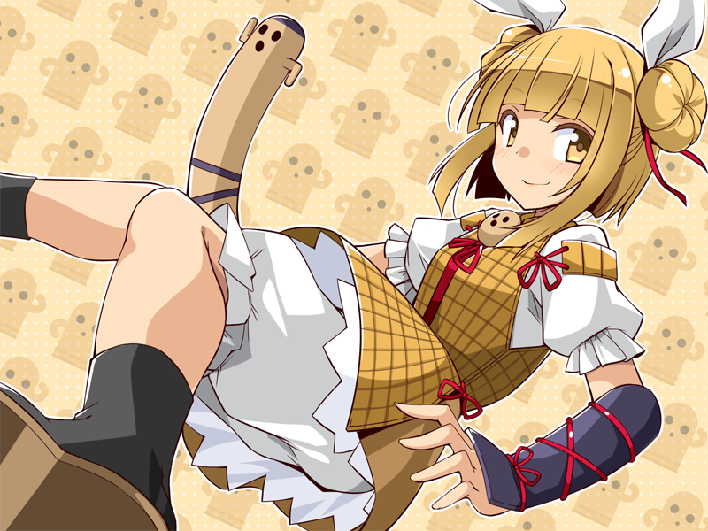 1girl baggy_pants bangs blonde_hair boots double_bun hair_ribbon haniwa_(statue) hemogurobin_a1c joutouguu_mayumi pants ribbon skirt solo touhou yellow_eyes