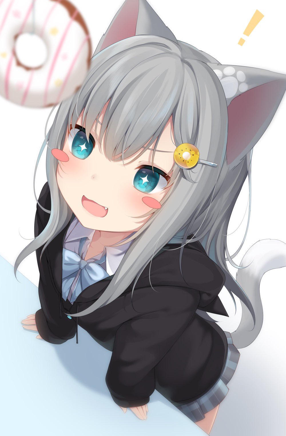 ! +_+ 1girl :d amashiro_natsuki animal_ears arm_support bangs black_jacket blue_bow blue_eyes blurry blurry_foreground blush blush_stickers bow cat_ears cat_girl cat_tail collared_shirt commentary depth_of_field doughnut eyebrows_visible_through_hair fang food food_themed_hair_ornament grey_hair grey_skirt hair_between_eyes hair_ornament hairclip highres hood hood_down hooded_jacket jacket long_hair long_sleeves nekoha_shizuku open_mouth original plaid plaid_skirt pleated_skirt shirt simple_background skirt sleeves_past_wrists smile solo tail very_long_hair white_background white_shirt