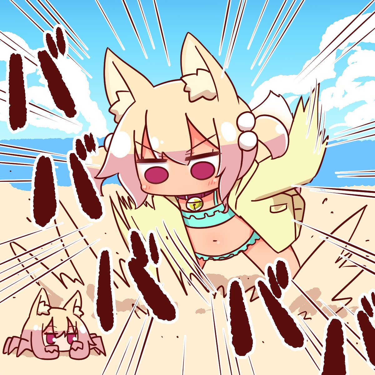 2girls animal_ear_fluff animal_ears animalization bangs beach bell bell_collar bikini bikini_under_clothes blonde_hair blue_bikini blue_sky blush brown_collar clouds collar commentary_request crab day emphasis_lines eyebrows_visible_through_hair fox_ears fox_girl fox_tail frilled_bikini frills hair_between_eyes hair_bobbles hair_ornament highres hood hood_down hooded_jacket horizon jacket jingle_bell kemomimi-chan_(naga_u) long_hair multiple_girls naga_u navel ocean open_clothes open_jacket original outdoors red_eyes sand sidelocks sky swimsuit tail tan two_side_up v-shaped_eyebrows yellow_jacket