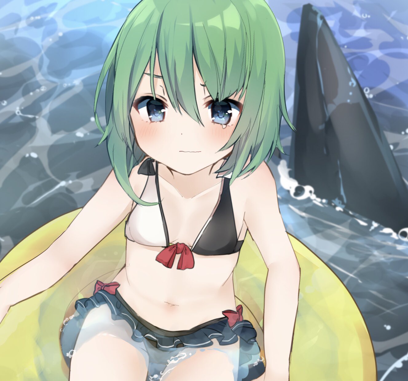 1girl bangs bare_arms bare_shoulders bikini bikini_skirt black_bikini black_skirt blue_eyes blush commentary_request front-tie_bikini front-tie_top green_hair hair_between_eyes highres innertube karasusou_nano multicolored multicolored_bikini multicolored_clothes navel no_hat no_headwear outdoors shark shark_fin shiki_eiki short_hair sitting skirt solo stomach swimsuit tears thighs touhou two-tone_bikini water white_bikini