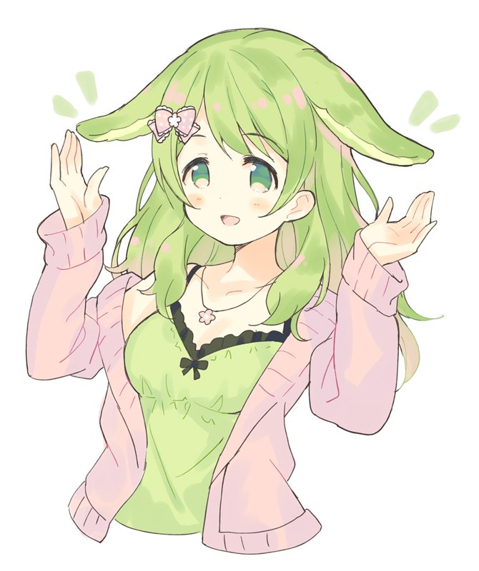 1girl :d animal_ears bangs blush_stickers bow breasts camisole commentary_request cropped_torso eyebrows_visible_through_hair flower green_camisole green_eyes green_hair hair_bow hair_flower hair_ornament hands_up jacket kemonomimi_mode long_hair long_sleeves meito_(maze) morinaka_kazaki nijisanji notice_lines open_clothes open_jacket open_mouth pink_bow pink_jacket sleeves_past_wrists small_breasts smile solo upper_body virtual_youtuber white_flower