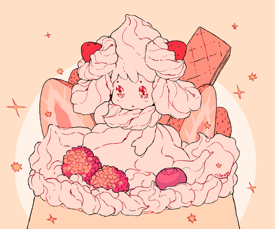 alcremie commentary cream dessert food fruit full_body gen_8_pokemon no_humans pink_background pokemon pokemon_(creature) pokemon_swsh pudding rii_abrego solo strawberry wafer