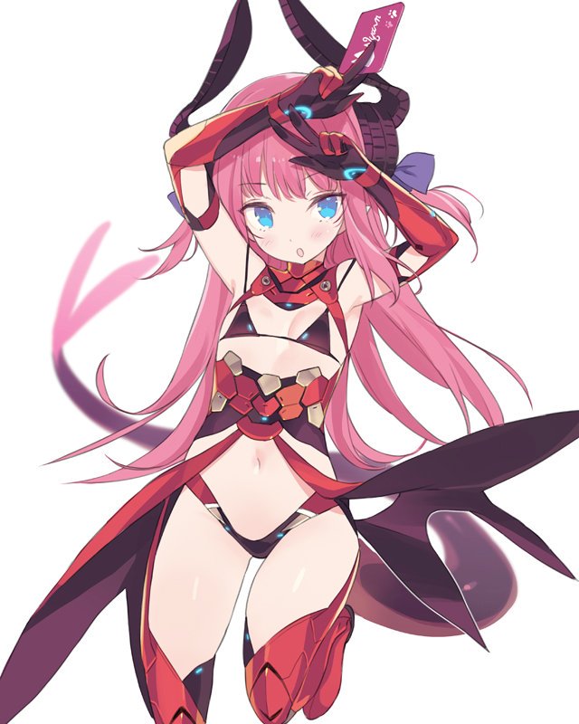 1girl :o arms_up bangs between_fingers bikini black_bikini blade_(galaxist) blue_eyes blush boots card commentary_request curled_horns dragon_girl dragon_horns dragon_tail elbow_gloves elizabeth_bathory_(fate) elizabeth_bathory_(fate)_(all) eyebrows_visible_through_hair fate/extra fate/extra_ccc fate_(series) gloves hair_ribbon holding holding_card horns long_hair navel parted_lips pink_hair pointy_ears purple_ribbon red_footwear red_gloves red_legwear ribbon simple_background solo swimsuit tail thigh-highs thigh_boots two_side_up very_long_hair white_background