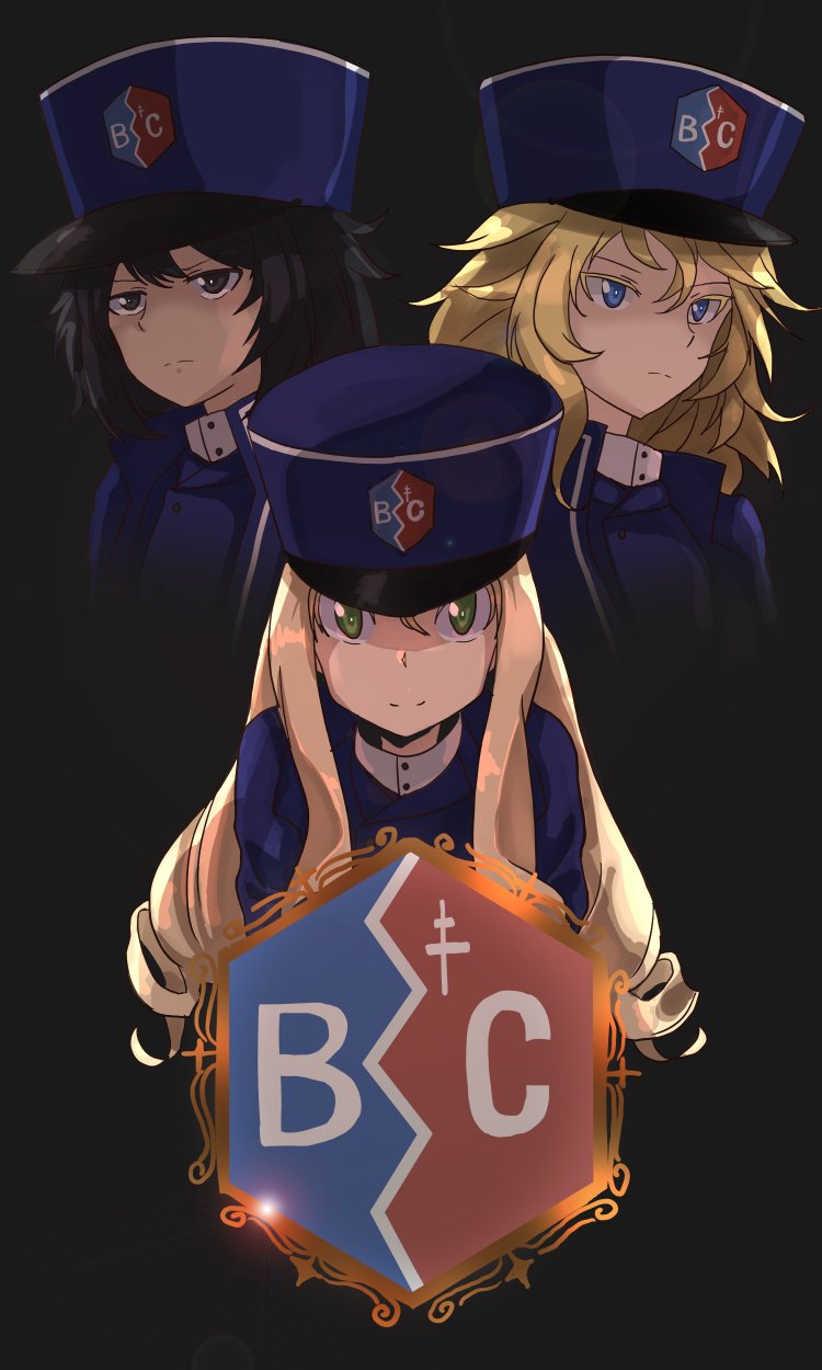 3girls andou_(girls_und_panzer) bc_freedom_(emblem) bc_freedom_military_uniform black_background black_hair blonde_hair blue_eyes blue_headwear blue_jacket blue_vest brown_eyes dark_skin drill_hair emblem girls_und_panzer hat high_collar highres jacket long_hair long_sleeves marie_(girls_und_panzer) medium_hair messy_hair mihe multiple_girls oshida_(girls_und_panzer) shako_cap simple_background vest