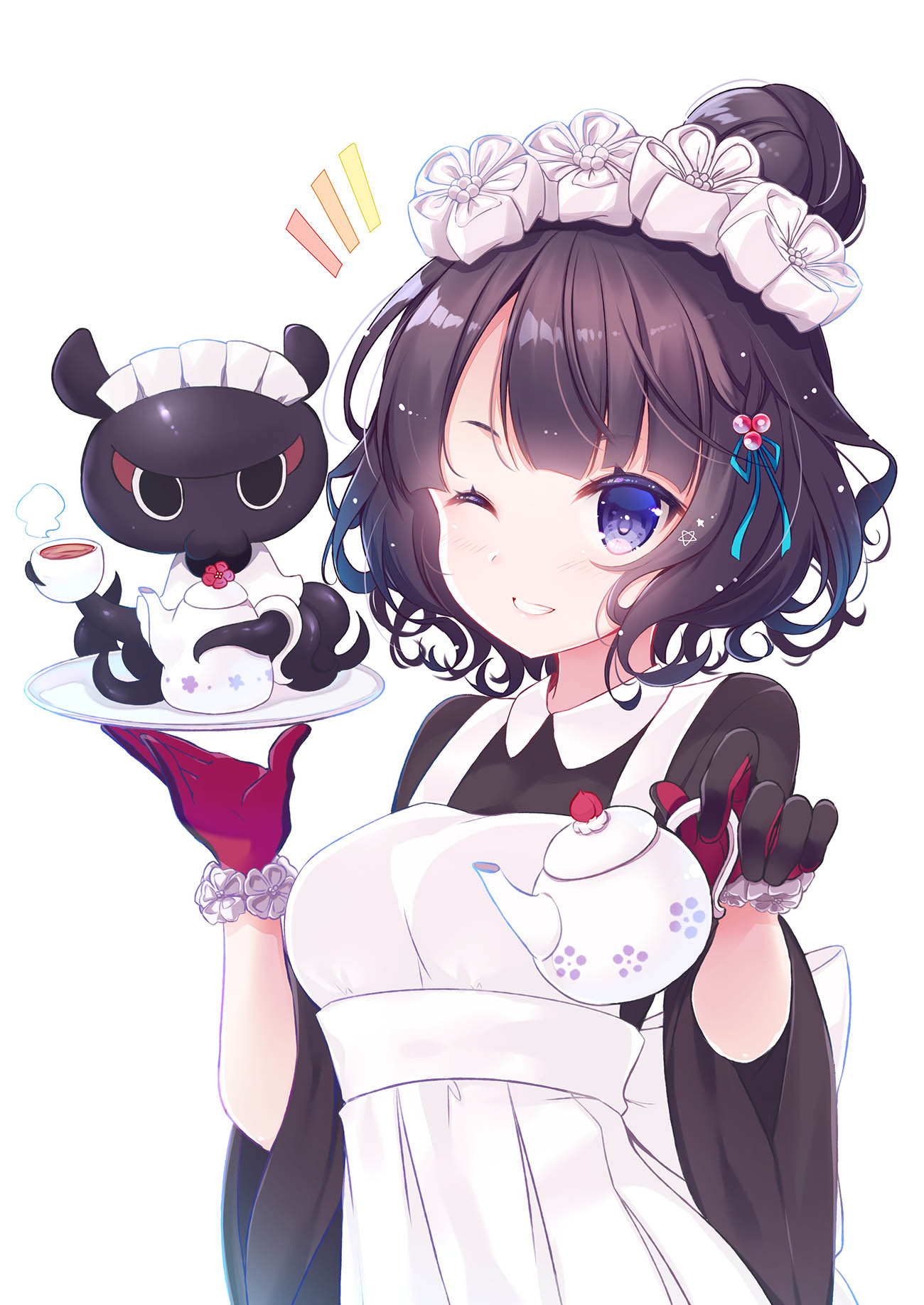 1girl animal apron black_dress black_gloves black_hair blue_eyes blush breasts collared_dress commentary_request cup dress fate/grand_order fate_(series) gloves grin hair_bun hair_ornament highres holding holding_cup holding_plate holding_teapot katsushika_hokusai_(fate/grand_order) ko_yu long_sleeves looking_at_viewer maid_headdress medium_breasts notice_lines octopus one_eye_closed plate simple_background smile tea teacup teapot tokitarou_(fate/grand_order) upper_body white_apron white_background wide_sleeves