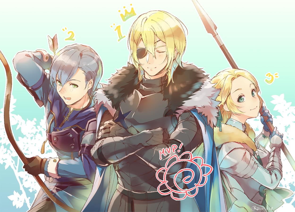 ! 1girl 2boys armor artist_name ashe_duran blonde_hair bow_(weapon) cape closed_eyes dimitri_alexandre_bladud eyepatch fire_emblem fire_emblem:_three_houses flower freckles fur_trim gloves green_eyes grey_hair ingrid_brandol_galatea leaf multiple_boys open_mouth polearm short_hair siro_1126 spear teeth weapon