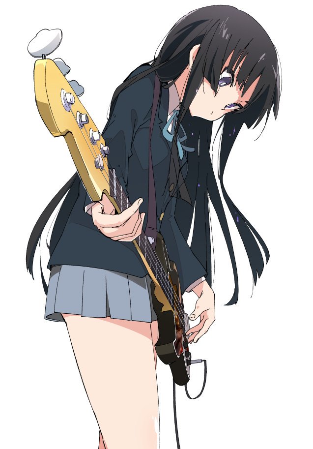 1girl akiyama_mio bangs bass_guitar black_hair blazer blue_jacket blue_ribbon blunt_bangs closed_mouth collared_shirt cowboy_shot from_side grey_skirt hair_between_eyes instrument ixy jacket k-on! long_hair long_sleeves looking_down music playing_instrument pleated_skirt ribbon sakuragaoka_high_school_uniform school_uniform shirt simple_background skirt solo standing violet_eyes white_background white_shirt