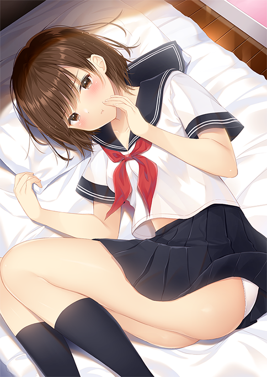 1girl :t bed black_legwear black_sailor_collar black_skirt breasts brown_eyes brown_hair closed_mouth collarbone commentary_request feet_out_of_frame from_above kneehighs looking_at_viewer lying miniskirt neckerchief noda_shuha on_bed on_side original panties pillow pleated_skirt pout red_neckwear sailor_collar school_uniform serafuku shirt short_hair short_sleeves skirt small_breasts solo underwear white_panties white_shirt