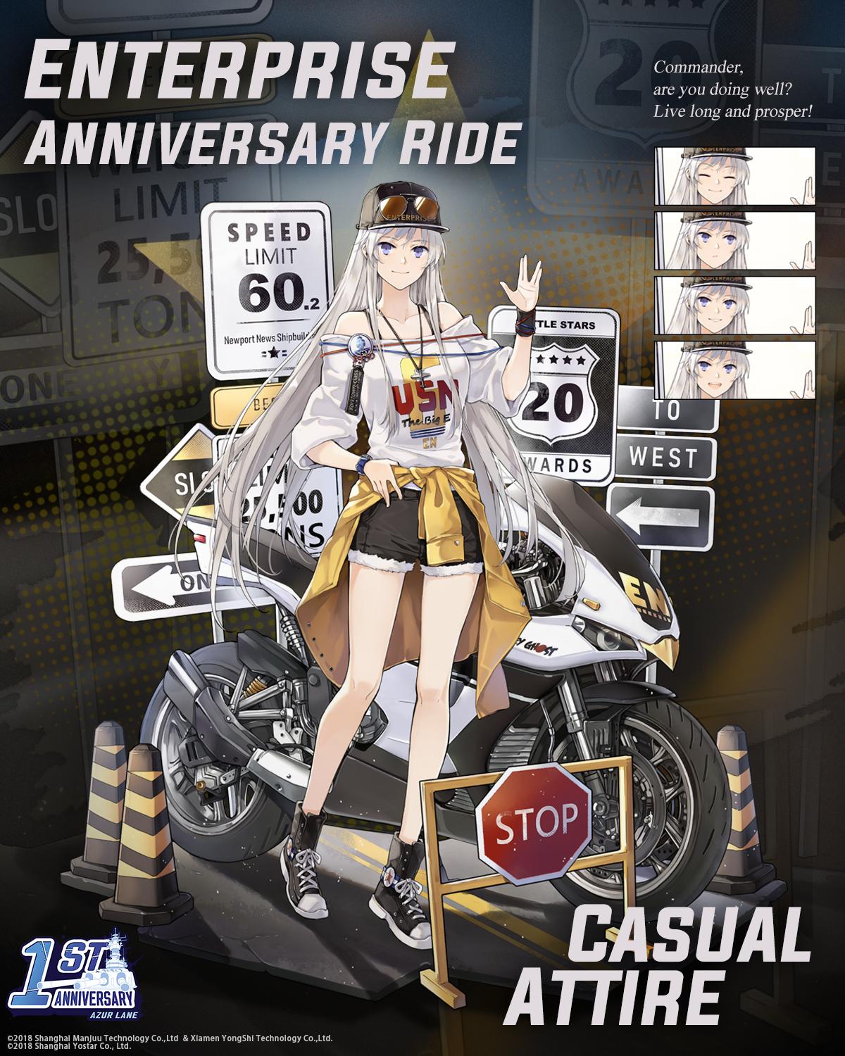 alternate_costume azur_lane baseball_cap clothes_around_waist copyright_name denim denim_shorts enterprise_(azur_lane) eyewear_on_head ground_vehicle hao_(patinnko) hat highres jacket_around_waist logo long_hair motor_vehicle motorcycle multiple_views off-shoulder_shirt off_shoulder official_art road_sign salute shirt shoes shorts sign silver_hair smile sneakers sunglasses traffic_cone violet_eyes vulcan_salute