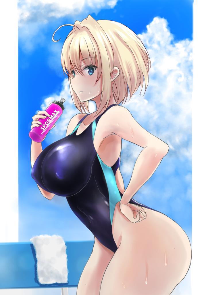 1girl ahoge black_swimsuit blonde_hair blue_eyes blue_sky bottle breasts clouds commentary_request competition_swimsuit covered_navel cowboy_shot hand_on_hip highleg highleg_swimsuit impossible_clothes impossible_swimsuit karune large_breasts leaning_forward one-piece_swimsuit original short_hair sky solo swimsuit towel water_bottle white_towel
