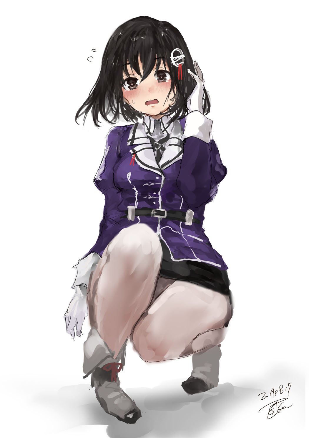 1girl black_hair blush brown_eyes dated full_body gloves haguro_(kantai_collection) hair_ornament hairclip highres kantai_collection looking_at_viewer military military_uniform open_mouth pantyhose remodel_(kantai_collection) short_hair signature simple_background solo squatting toka_(marchlizard) uniform white_background white_gloves white_legwear
