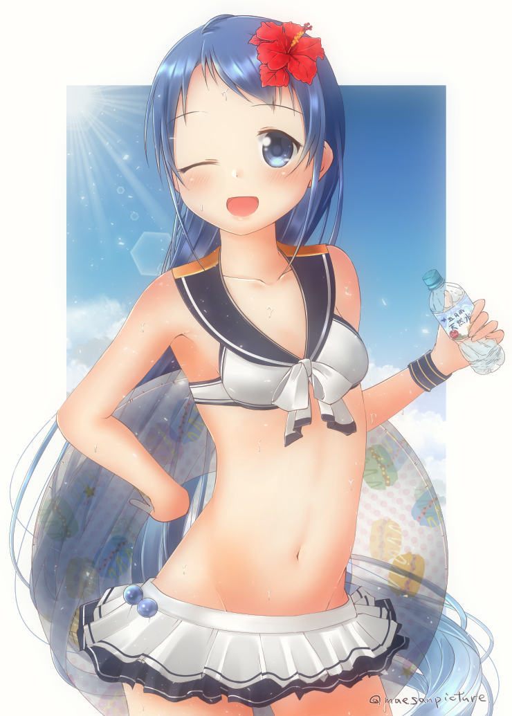 adapted_costume artist_name bangs bikini bikini_skirt blue_eyes blue_hair blush bottle bow_bikini breasts clouds cloudy_sky collarbone flower hair_flower hair_ornament holding holding_bottle innertube kantai_collection light_rays long_hair looking_at_viewer mae_(maesanpicture) navel one_eye_closed open_mouth red_flower sailor_collar samidare_(kantai_collection) sky small_breasts smile sun sunbeam sunlight swept_bangs swimsuit very_long_hair white_bikini wristband