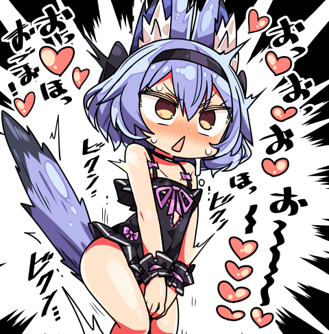 :&lt; animal_ear_fluff animal_ears bangs bare_shoulders black_bow black_dress black_hairband blue_hair blush bow brown_eyes collarbone copyright_request dress eyebrows_visible_through_hair hair_between_eyes hair_bow hairband heart kanikama lowres nose_blush open_mouth pink_ribbon ribbon sleeveless sleeveless_dress sweat tail translated triangle_mouth v-shaped_eyebrows wrist_cuffs