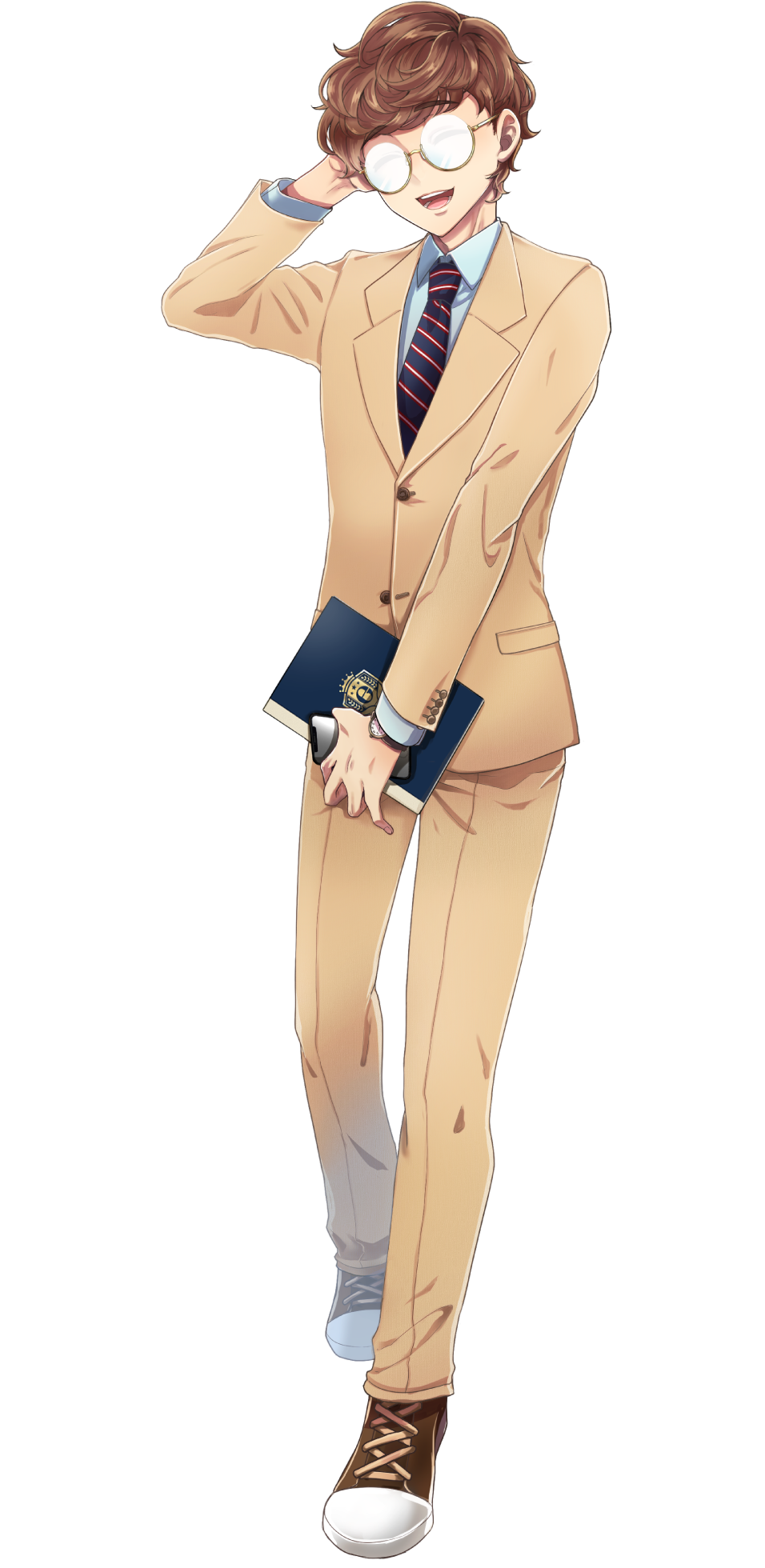1boy book closed_eyes formal full_body glasses highres idol_show_time itagaki_kouichi necktie official_art opaque_glasses smile solo suit transparent_background
