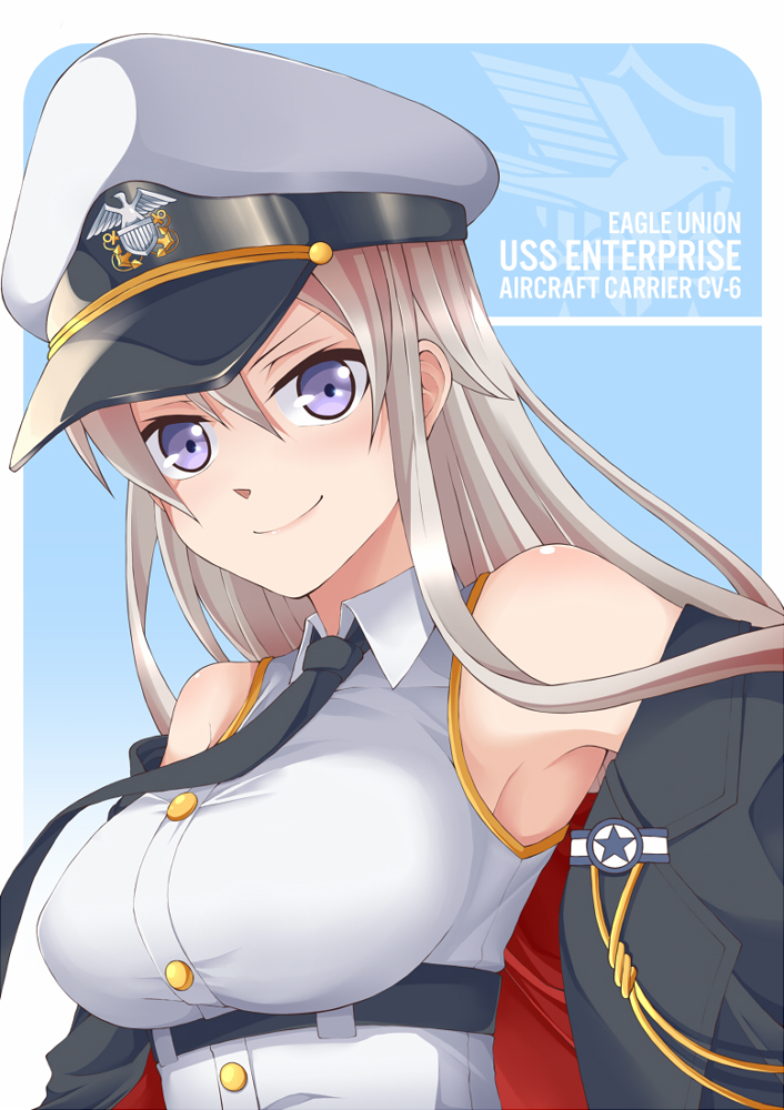 1girl azur_lane belt black_belt black_coat black_neckwear coat collared_shirt enterprise_(azur_lane) eyebrows_visible_through_hair hat looking_at_viewer military_hat necktie open_clothes open_coat peaked_cap shirt silver_hair sleeveless sleeveless_shirt smile solo underbust upper_body violet_eyes white_headwear wisewolf_art