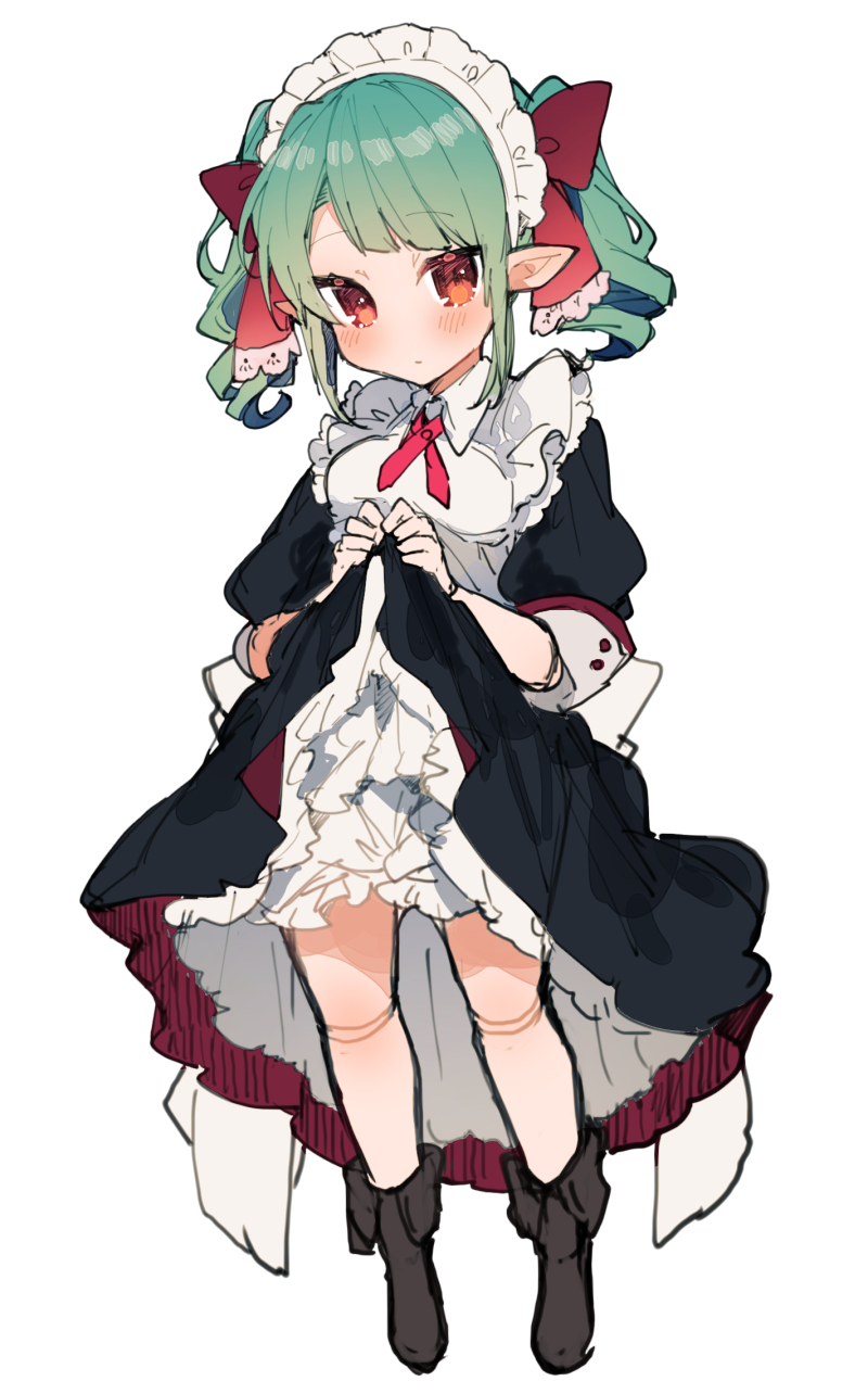 1girl black_dress black_footwear blush boots bow breasts dress dress_lift full_body gloves green_hair hair_bow highres ikeuchi_tanuma kneehighs long_hair looking_at_viewer maid maid_headdress medium_breasts original pointy_ears red_bow red_eyes red_neckwear sidelocks solo standing twintails white_gloves white_legwear wing_collar