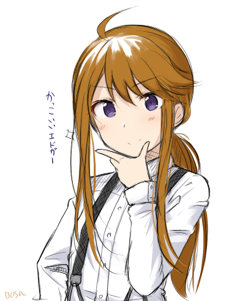 &gt;:) 1girl ahoge bangs basa_rutan blush brown_hair closed_mouth collared_shirt dress_shirt eyebrows_visible_through_hair hair_between_eyes hand_on_own_chin idolmaster long_hair low_ponytail ponytail shirt sidelocks signature simple_background smile solo suspenders translated upper_body v-shaped_eyebrows very_long_hair violet_eyes white_background white_shirt