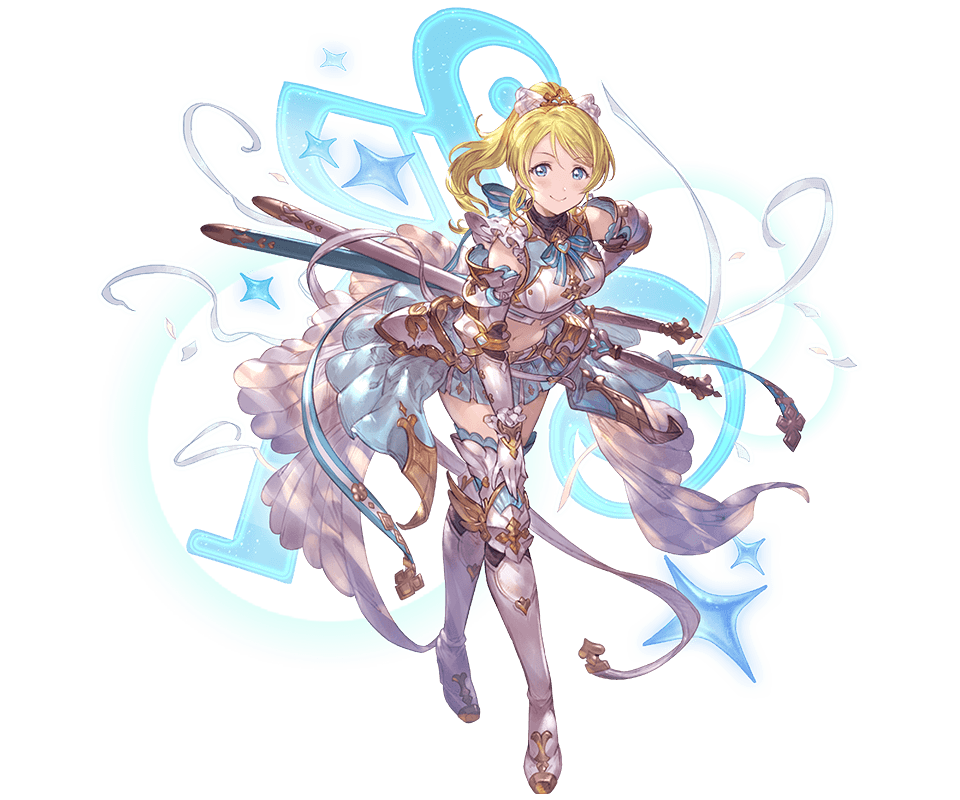 1girl ayase_eli blonde_hair boots dual_wielding faulds gauntlets granblue_fantasy greaves holding layered_skirt love_live! love_live!_school_idol_project official_art ponytail sword thigh-highs thigh_boots weapon