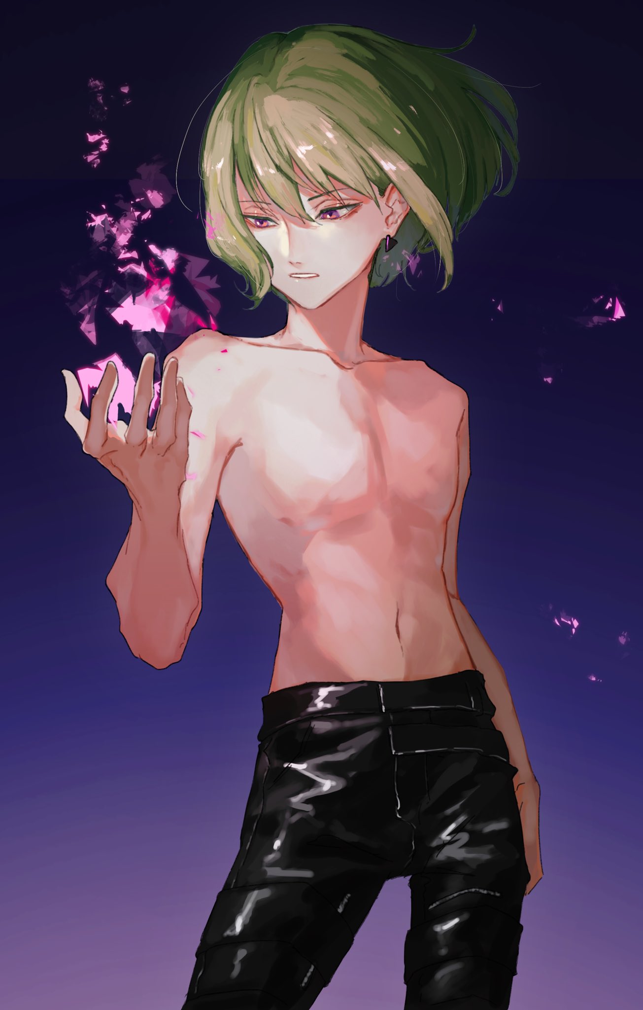1boy black_pants chest earrings fire green_hair highres jewelry ligton1225 lio_fotia male_focus pants promare shirtless short_hair simple_background solo violet_eyes