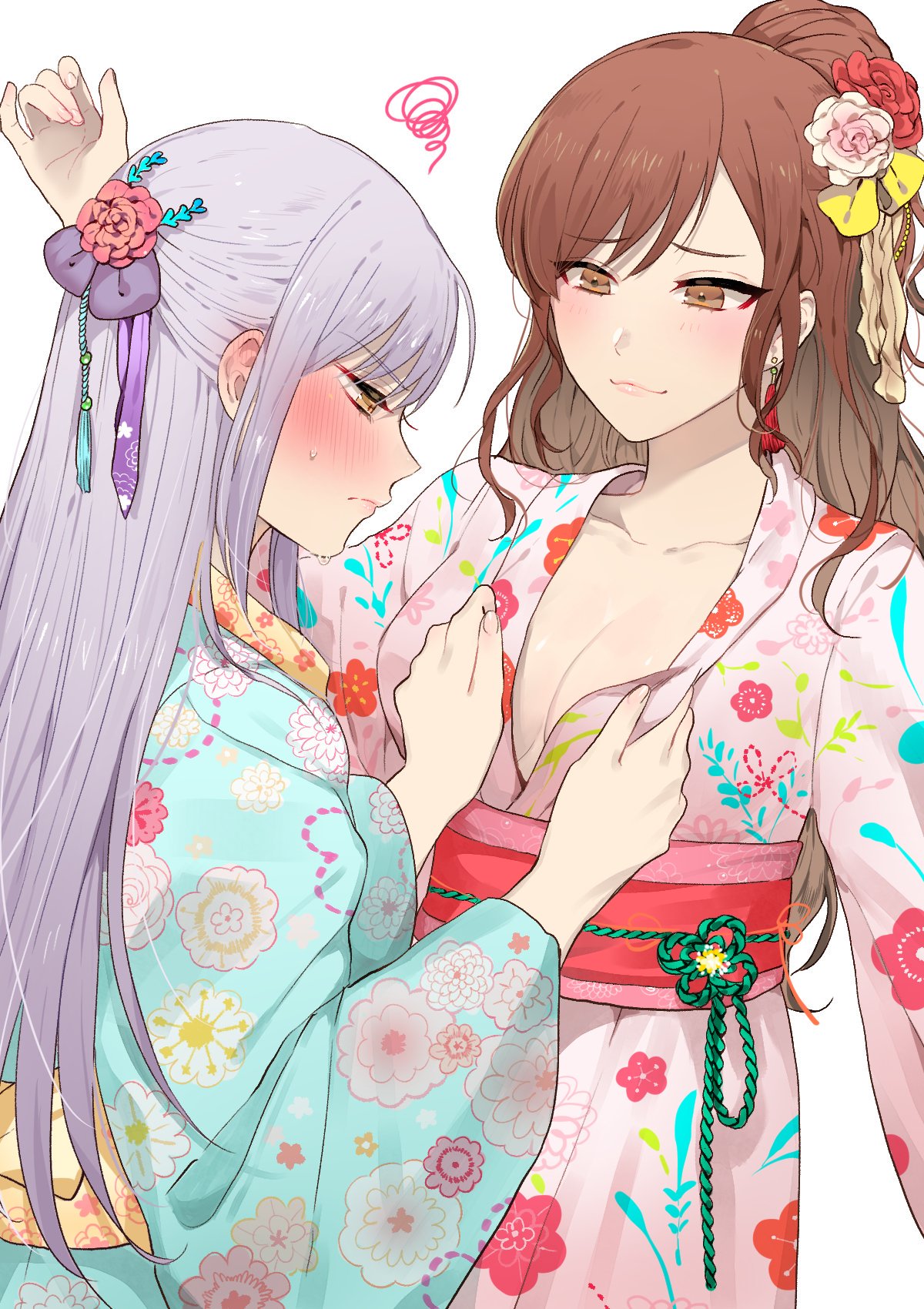 2girls bang_dream! brown_hair hair_ornament highres image_sample imai_lisa japanese_clothes kimono lavender_hair mad_pingu minato_yukina multiple_girls roselia_(bang_dream!) twitter_sample yukata