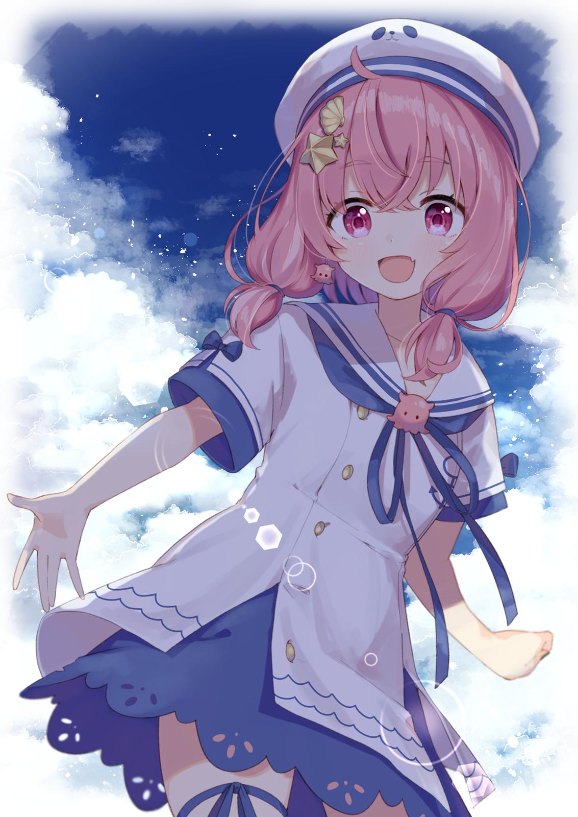 1girl ahoge bangs blue_sky blush buttons commentary dress eyebrows_visible_through_hair fang hair_ornament hat highres ksk_(semicha_keisuke) looking_at_viewer medium_hair nijisanji octopus open_mouth pink_eyes pink_hair ribbon sailor_collar sailor_dress sailor_hat sasaki_saku shell_hair_ornament short_sleeves skin_fang sky smile solo star star_hair_ornament thigh_ribbon thighs virtual_youtuber white_dress white_headwear