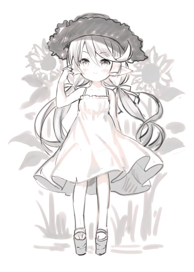 1girl bangs bare_arms bare_shoulders blush charlotta_fenia closed_mouth collarbone dress eyebrows_visible_through_hair flower full_body granblue_fantasy greyscale hair_between_eyes hand_up harvin hat light_smile looking_at_viewer meito_(maze) monochrome platform_footwear pointy_ears sandals sleeveless sleeveless_dress solo standing straw_hat sundress sunflower white_background